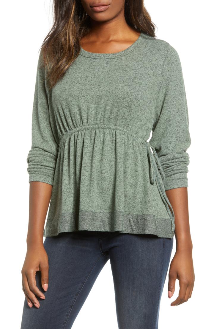 Women's Caslon Cozy Tie Waist Peplum Top, Size - Green