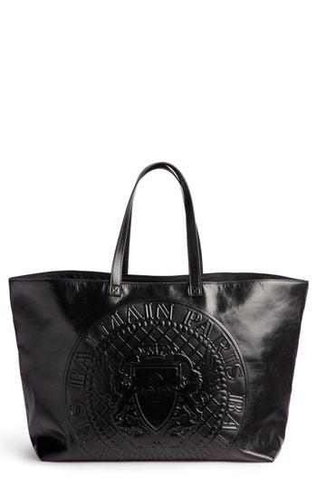 Balmain Embossed Coin Calfskin Leather Shopper - Black