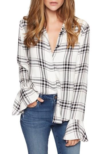 Petite Women's Sanctuary Nightscape Plaid Ruffle Cuff Shirt, Size P - Blue