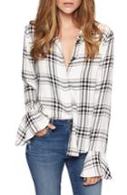 Petite Women's Sanctuary Nightscape Plaid Ruffle Cuff Shirt, Size P - Blue