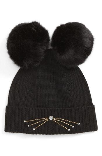Women's Kate Spade New York Embellished Cat Wool Beanie With Faux Fur Poms - Black