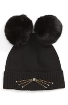 Women's Kate Spade New York Embellished Cat Wool Beanie With Faux Fur Poms - Black