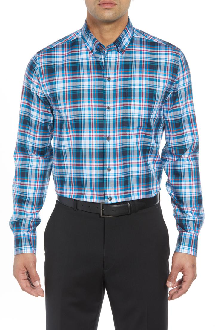 Men's Cutter & Buck Brad Regular Fit Non-iron Plaid Sport Shirt, Size - Blue