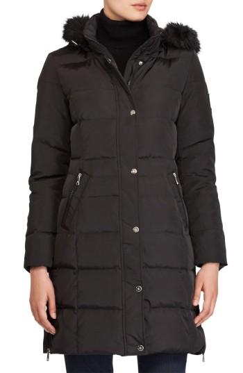 Women's Lauren Ralph Lauren Quilted Parka With Faux Fur - Black