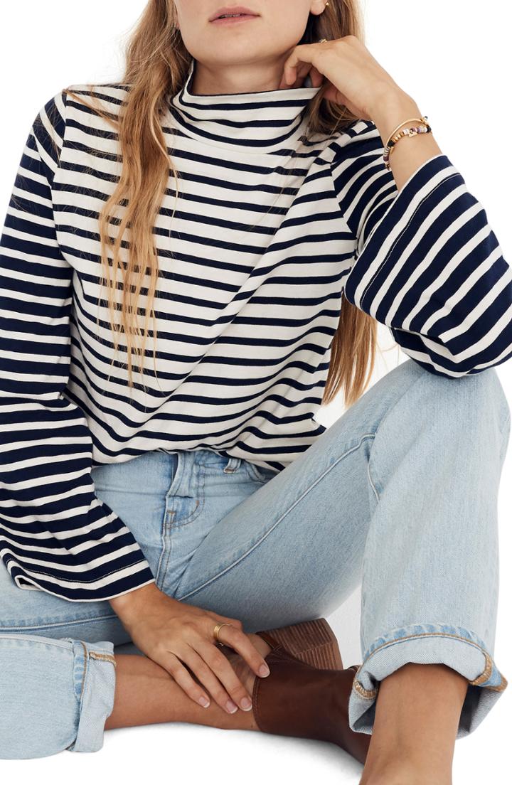 Women's Madewell Stripe Block Wide Sleeve Turtleneck, Size - Beige