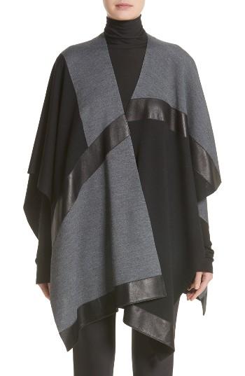 Women's St. John Collection Leather Trim Intarsia Knit Poncho, Size - Black