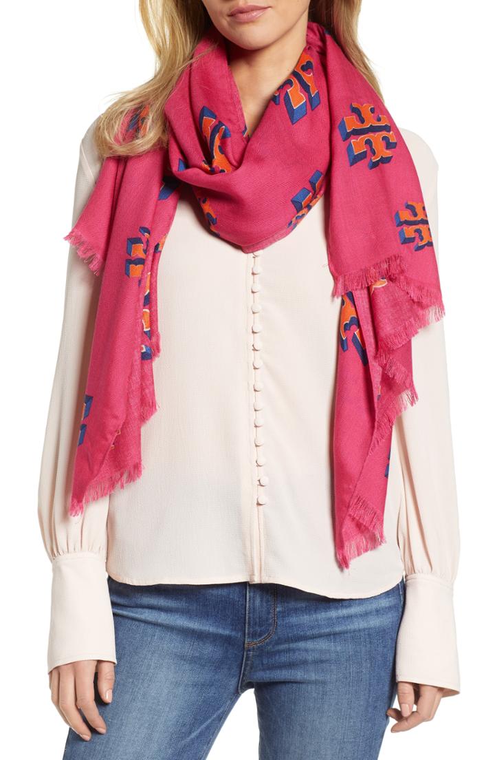 Women's Tory Burch Flying Logo Wool & Silk Scarf, Size - Pink
