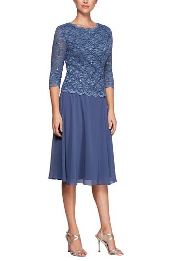 Women's Alex Evenings Mock Two-piece Tea Length Dress - Blue