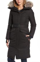Women's Nobis Long Belted Down Parka With Genuine Coyote Fur Trim - Black