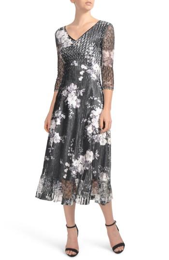 Women's Komarov Floral Charmeuse & Lace Tea Length Dress - Black