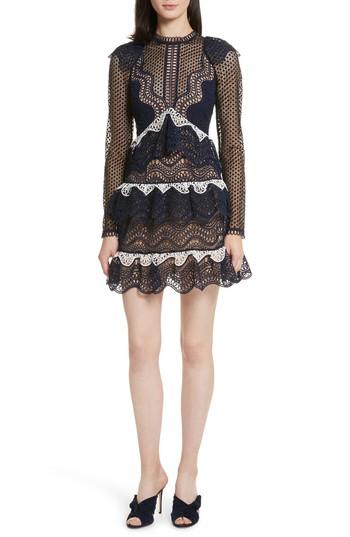 Women's Self-portrait Ruffle Wave Guipure Lace Minidress - Blue