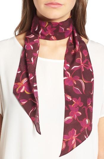 Women's Halogen Botanical Print Skinny Silk Scarf, Size - Burgundy