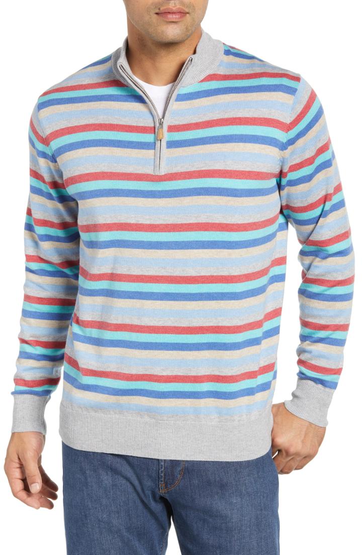 Men's Peter Millar British Grey Classic Fit Stripe Quarter Zip Pullover - Grey