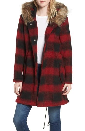 Women's Bb Dakota Buffalo Check Hooded Coat With Faux Fur Trim - Red