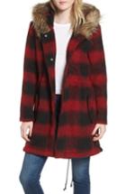 Women's Bb Dakota Buffalo Check Hooded Coat With Faux Fur Trim - Red