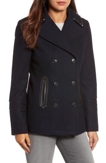 Women's Michael Michael Kors Faux Leather Trim Wool Blend Peacoat