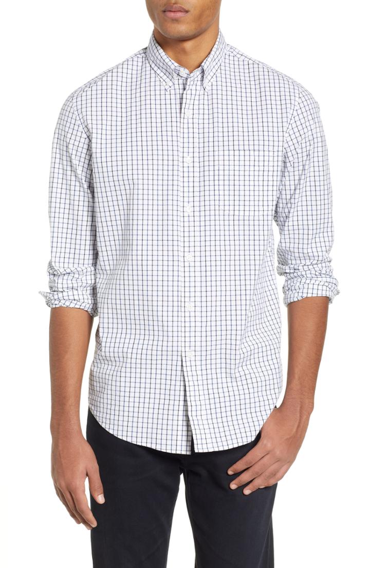 Men's J.crew Slim Fit Stretch Secret Wash Stripe Tattersall Sport Shirt, Size - Blue