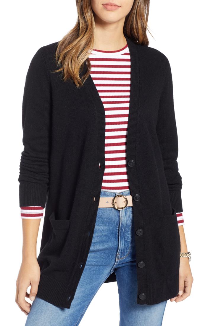 Petite Women's 1901 Varsity Stripe Long Cardigan P - Black