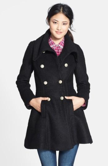 Petite Women's Guess Double Breasted Boucle Coat P - Black