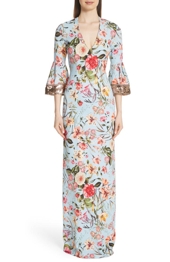 Women's Sachin & Babi Sequin Sleeve Floral Print Gown - Blue