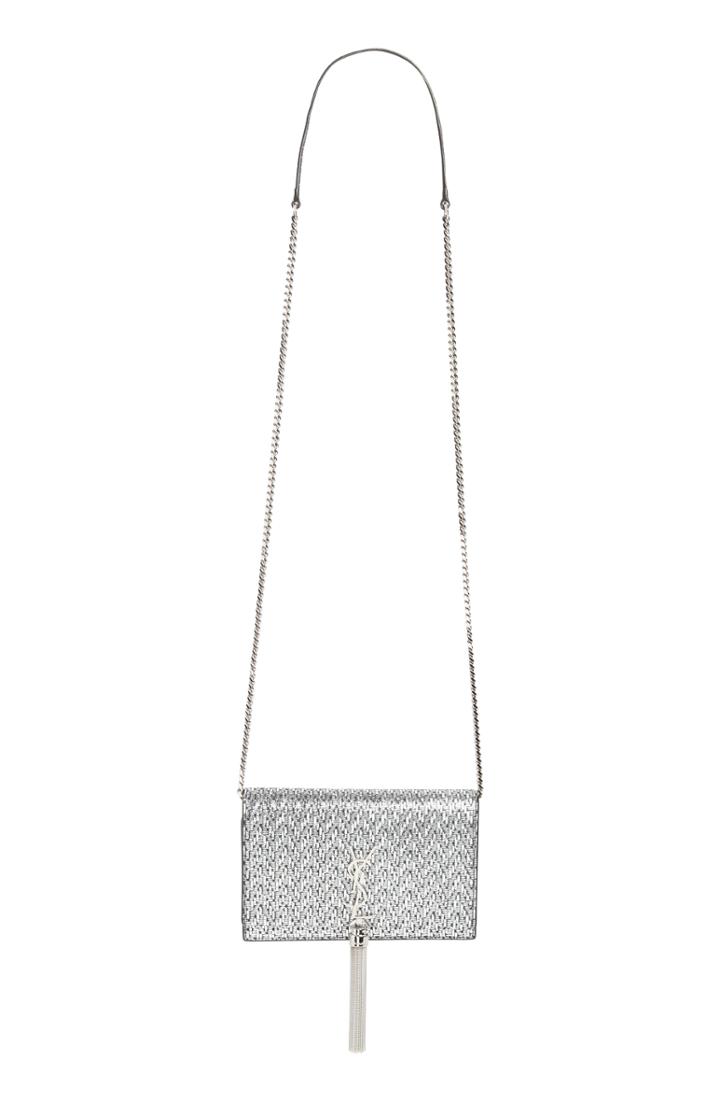 Women's Saint Laurent Kate Lame Lambskin Leather Wallet On A Chain - Black
