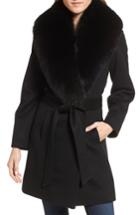 Women's Sofia Cashmere Genuine Fox Fur Lapel Wool & Cashmere Wrap Coat - Black