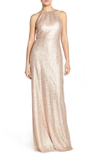 Women's Amsale 'chandler' Sequin Tulle Halter Style Gown - Pink