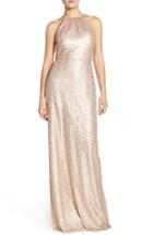 Women's Amsale 'chandler' Sequin Tulle Halter Style Gown - Pink