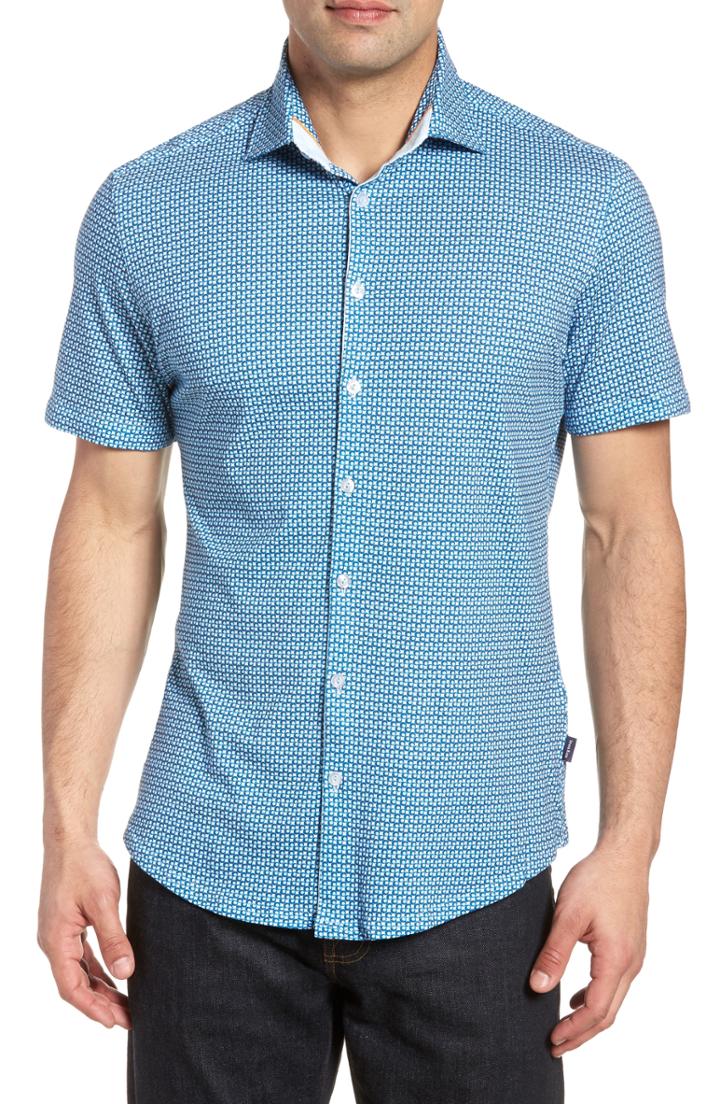 Men's Stone Rose Trim Fit Circle Geo Print Sport Shirt (l) - Blue