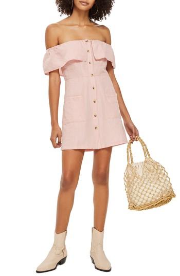 Women's Topshop Off The Shoulder Button Front Minidress Us (fits Like 6-8) - Pink
