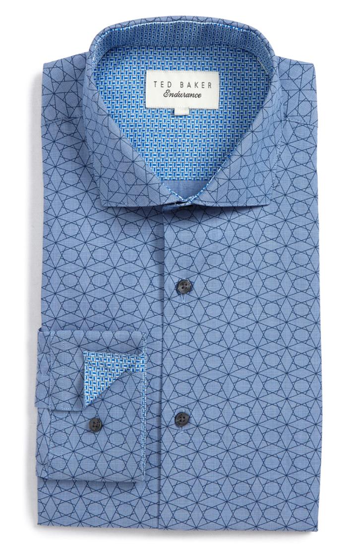 Men's Ted Baker London Endurance Madamm Trim Fit Geometric Dress Shirt .5 34/35 - Blue