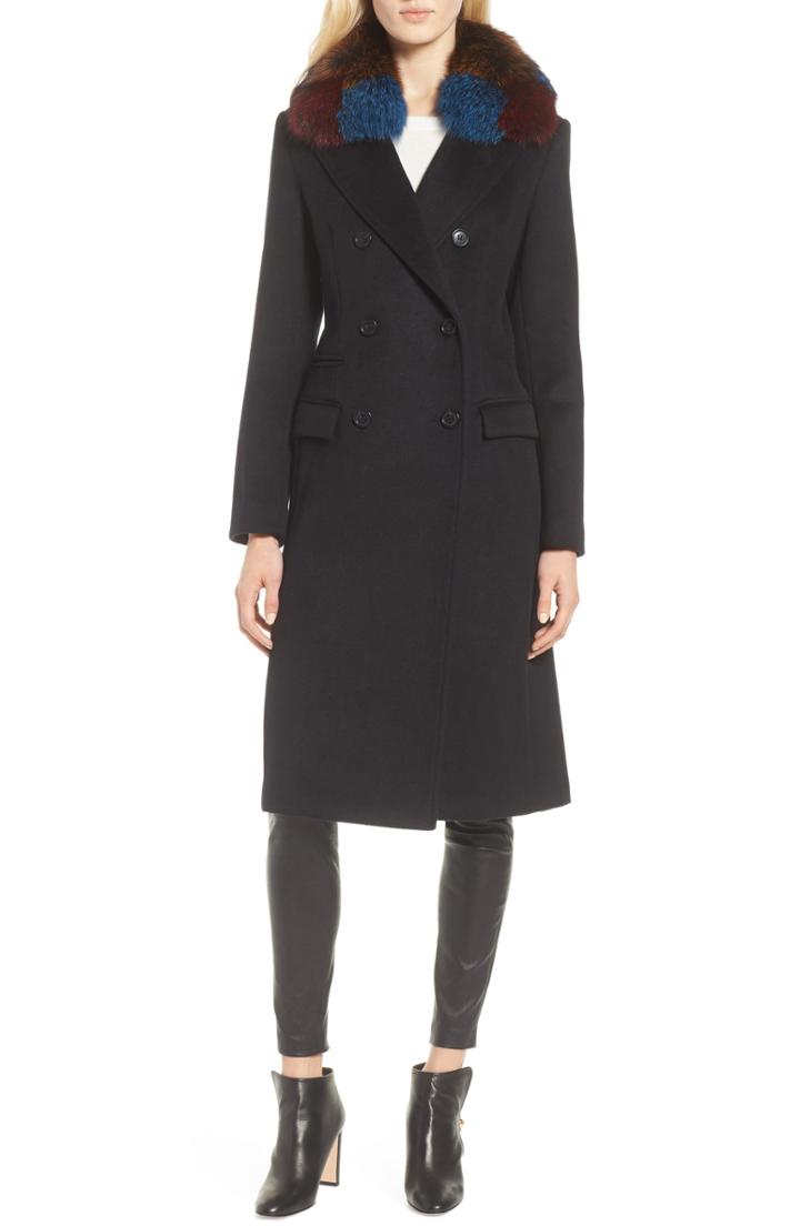 Women's 1 Madison Double Breasted Wool Coat With Genuine Fox Fur Collar - Black