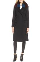 Women's 1 Madison Double Breasted Wool Coat With Genuine Fox Fur Collar - Black