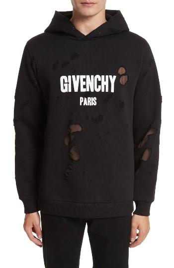 Men's Givenchy Logo Distressed Hoodie - Black
