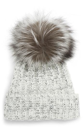 Women's Kyi Kyi Cable Knit Beanie With Genuine Fox Fur Pom - Grey