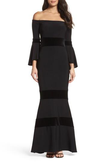 Women's Xscape Velvet Trim Off The Shoulder Mermaid Dress - Black