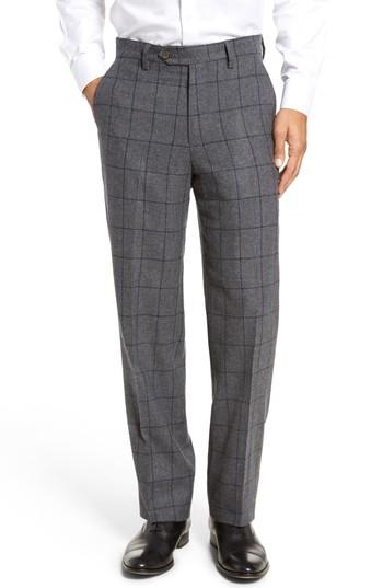 Men's Berle Flat Front Windowpane Wool Blend Trousers - Grey