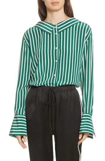 Women's Robert Rodriguez Large Stripe Gathered Back Silk Shirt - Green