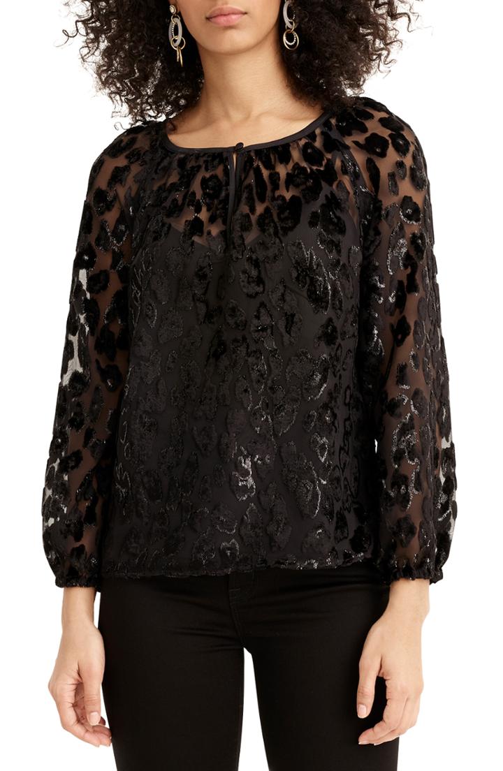 Women's J.crew Leopard Velvet Popover Top, Size - Black