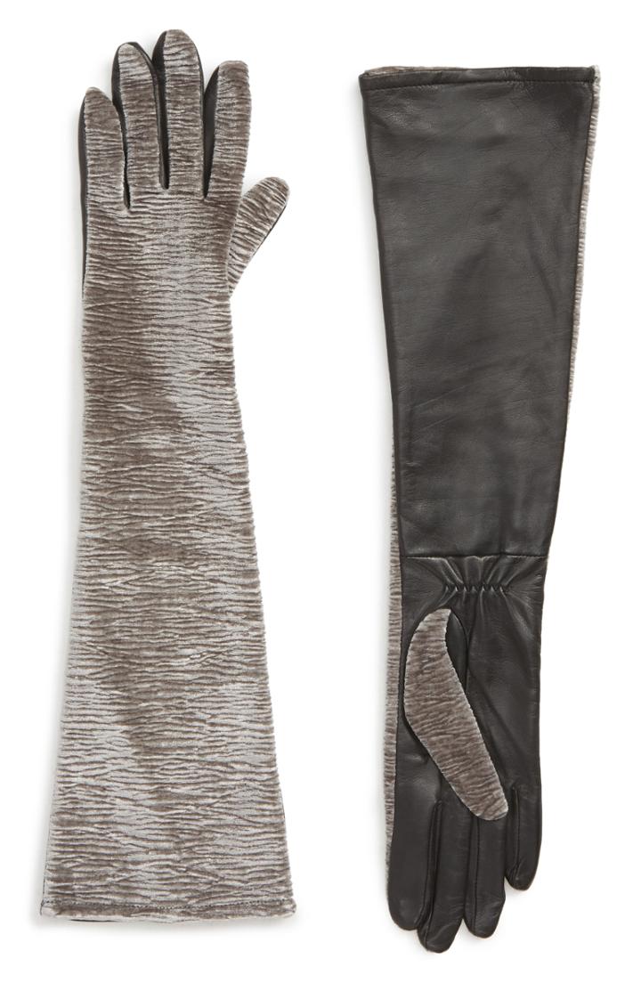 Women's Badgley Mischka Velvet & Leather Long Gloves - Grey