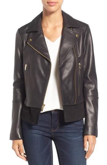 Petite Women's Via Spiga Mixed Media Leather Moto Jacket P - Black