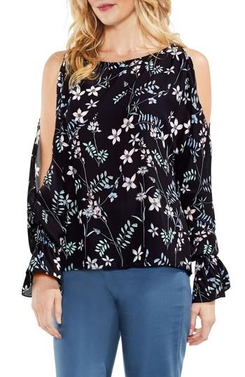 Petite Women's Vince Camuto Flare Cuff Cold Shoulder Floral Top P - Black