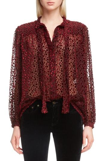 Women's Saint Laurent Tie Neck Sheer Blouse Us / 36 Fr - Burgundy