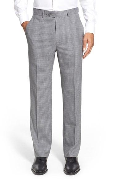 Men's Santorelli Flat Front Check Wool Trousers - Grey