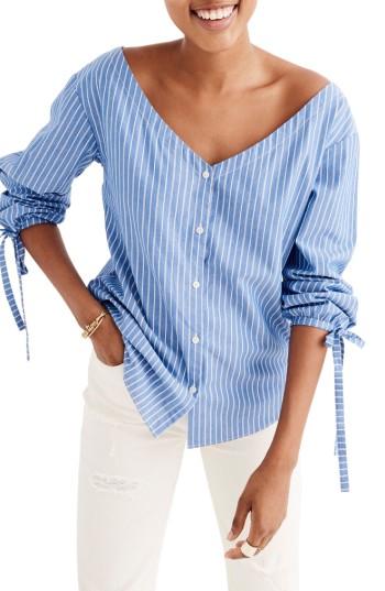 Women's Madewell Morningview Stripe Tie Sleeve Shirt, Size - Blue