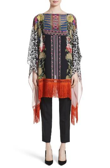 Women's Etro Fringe Trim Floral Print Silk Poncho