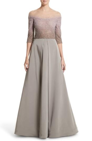 Women's Pamella Roland Illusion Sequin & Faille A-line Gown - Brown