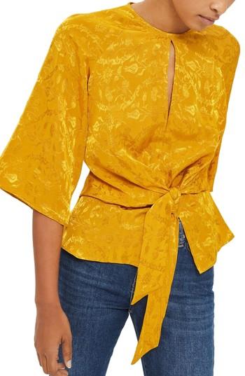 Women's Topshop Tie Front Jacquard Blouse Us (fits Like 0) - Yellow