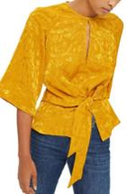Women's Topshop Tie Front Jacquard Blouse Us (fits Like 0) - Yellow