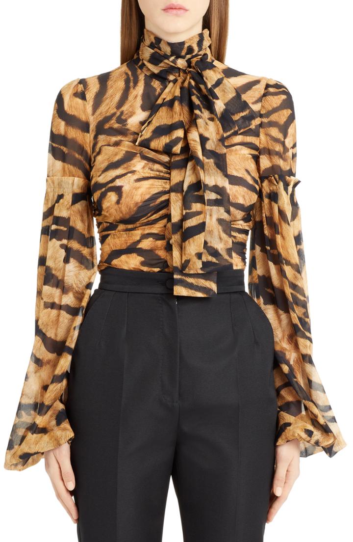 Women's Dolce & Gabbana Tiger Print Stretch Silk Blouse